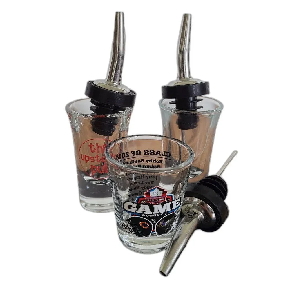 Barware Lot Including Shot Glasses and Liquid Pourer Spouts Sets of Three Each